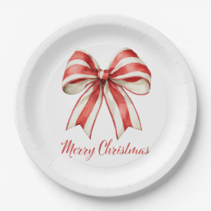 Coquette Christmas Red White Candy Cane Stripe Bow Paper Plate