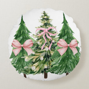 Coquette Christmas Tree, Breast Cancer Awareness Round Cushion