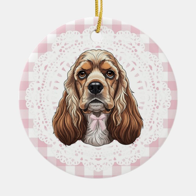 Coquette Cocker Spaniel Dog Pink Gingham Bows Ceramic Ornament (Front)