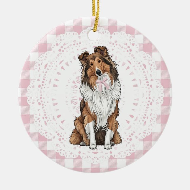Coquette Collie Dog Pink Gingham Bows Ceramic Ornament (Front)