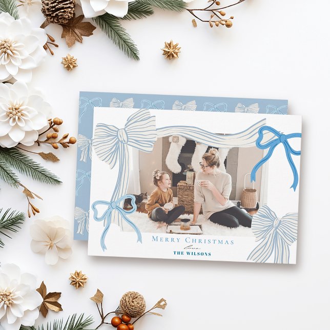 Coquette-Core Pale Blue Bows Photo Christmas Holiday Card (Creator Uploaded)