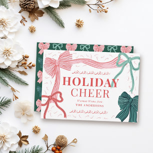 Coquette-Core Red & Green Bows Christmas Holiday Card