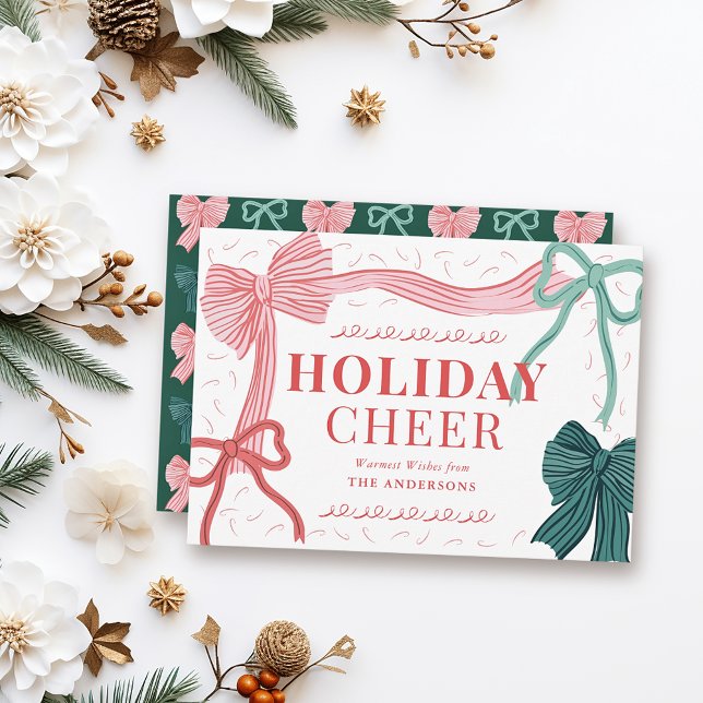 Coquette-Core Red & Green Bows Christmas Holiday Card (Creator Uploaded)
