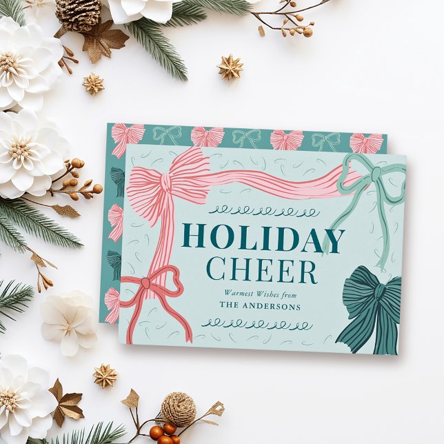 Coquette-Core Red & Green Bows Green Christmas Holiday Card (Creator Uploaded)