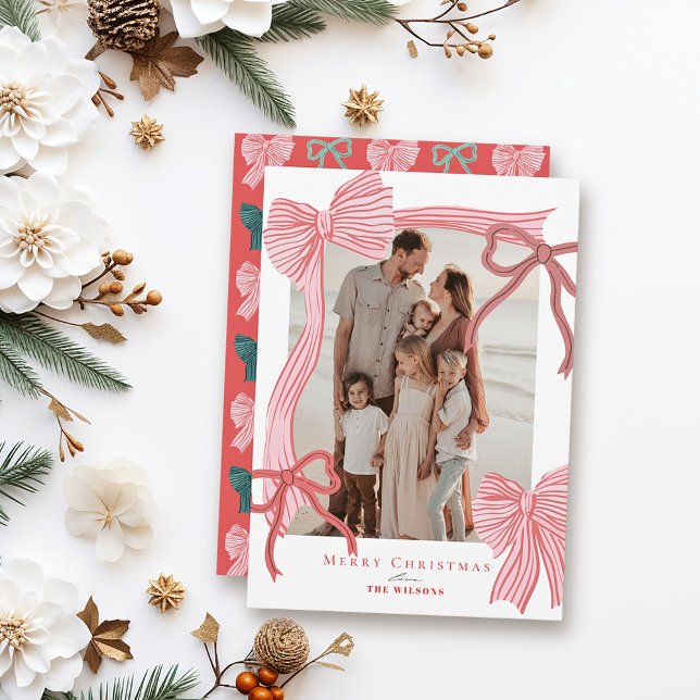 Coquette-Core Red & Pink Bows Photo Christmas Holiday Card (Creator Uploaded)