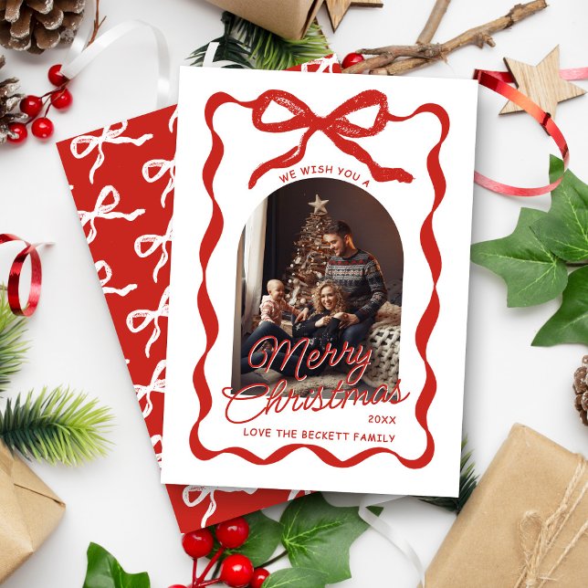 Coquette Curvy Ribbon & Bow Retro Christmas Photo Holiday Card (Creator Uploaded)