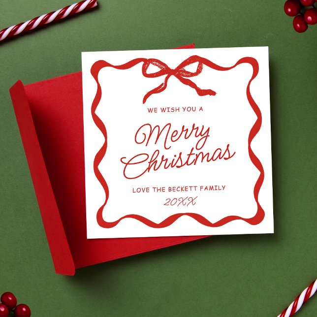 Coquette Curvy Ribbon & Bow Retro Merry Christmas Holiday Card (Creator Uploaded)