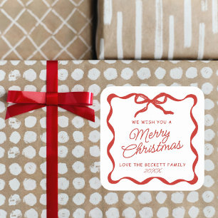Coquette Curvy Ribbon & Bow Retro Merry Christmas Square Sticker