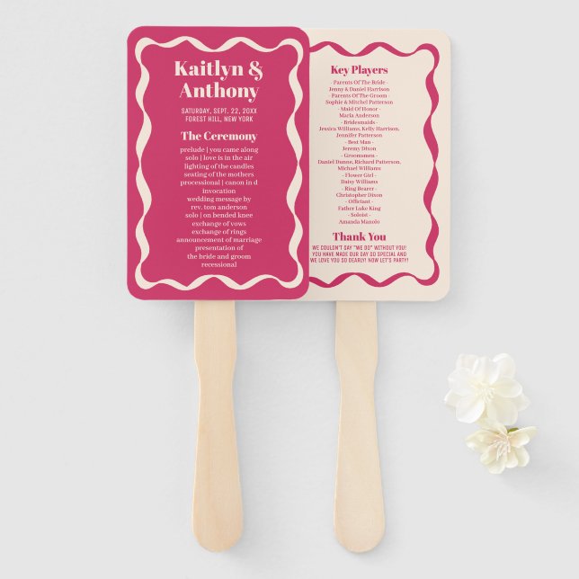 Coquette Curvy Ribbon Retro Wedding Program Hand Fan (Front and Back)