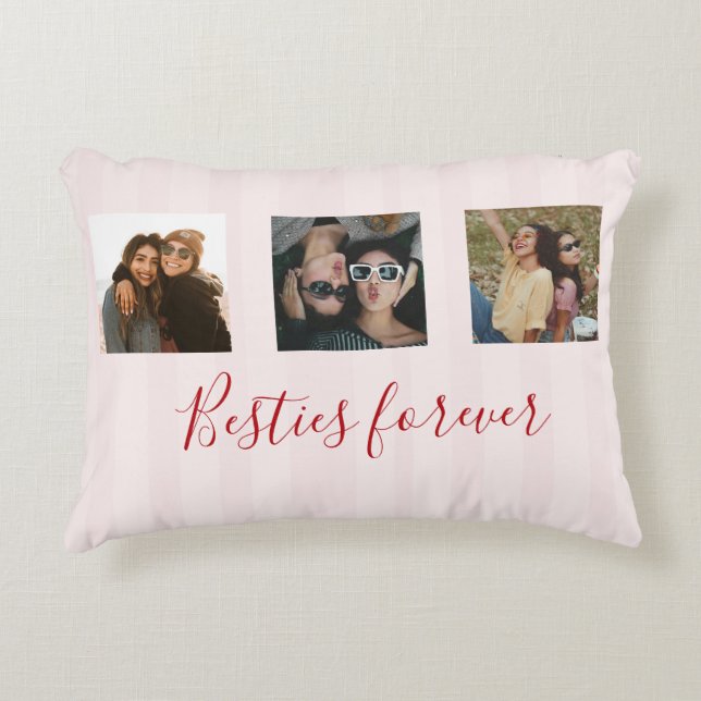 coquette Custom Besties Photos Collage Pink Stripe Decorative Cushion (Front)