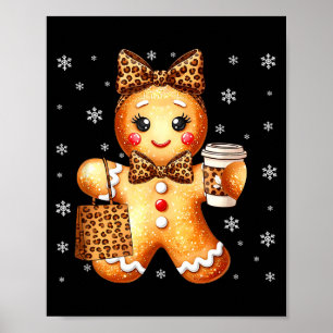 Coquette Cute Gingerbread Leopard Bow Christmas Gi Poster