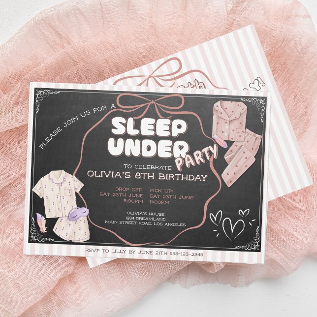 Coquette cute sleep-under birthday party invitation (Slee-under, pajamas party. Slumber party girls only. girly coquette bow and stripes.)