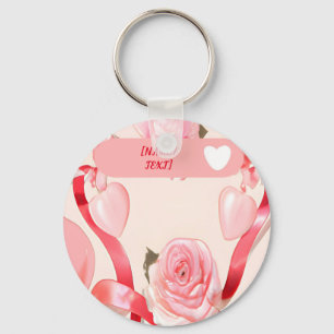 Coquette cute with roses, hearts and red ribbons key ring