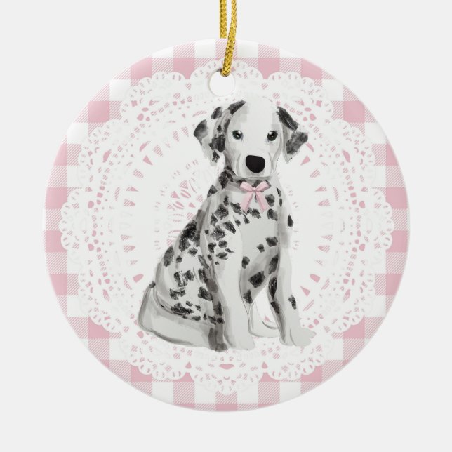 Coquette Dalmation Dog Pink Gingham Bows Ceramic Ornament (Front)
