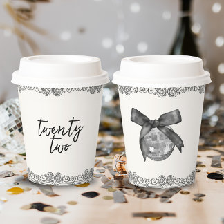 Coquette Disco Ball & Black Bow Chic Modern White Paper Cups