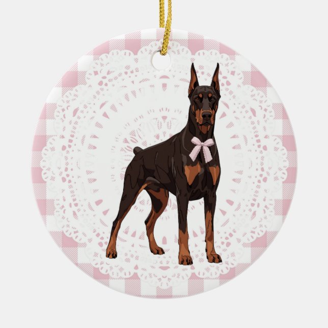 Coquette Doberman Pinscher Pink Gingham Bows Ceramic Ornament (Front)