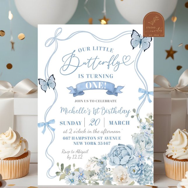 Coquette Dusty Blue Floral Butterfly Birthday Invitation (Creator Uploaded)