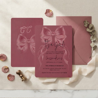 Coquette Dusty Rose Watercolor Bow Baby Shower Invitation