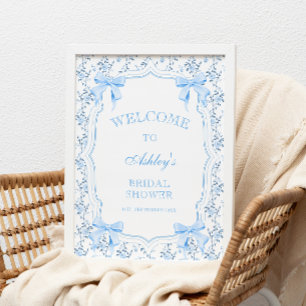 Coquette Elegant Blue Bow Bridal Shower Welcome Poster