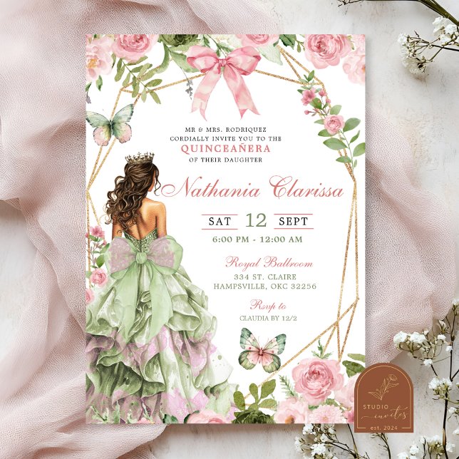 Coquette Enchanted Forest Sage Blush Pink Quincean Invitation (Creator Uploaded)