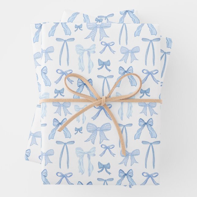 Coquette Feminine Blue Bows & Ribbons Wrapping Paper Sheet (In situ)