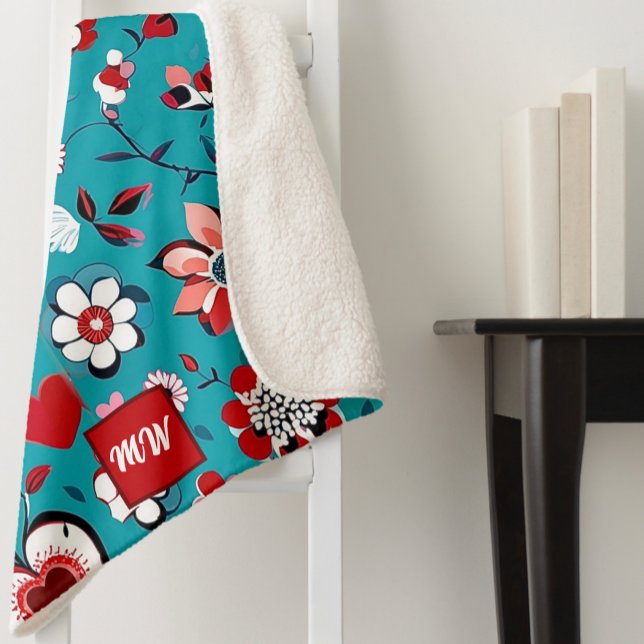 Coquette, floral and heart teal red monogram  sherpa blanket (Creator Uploaded)
