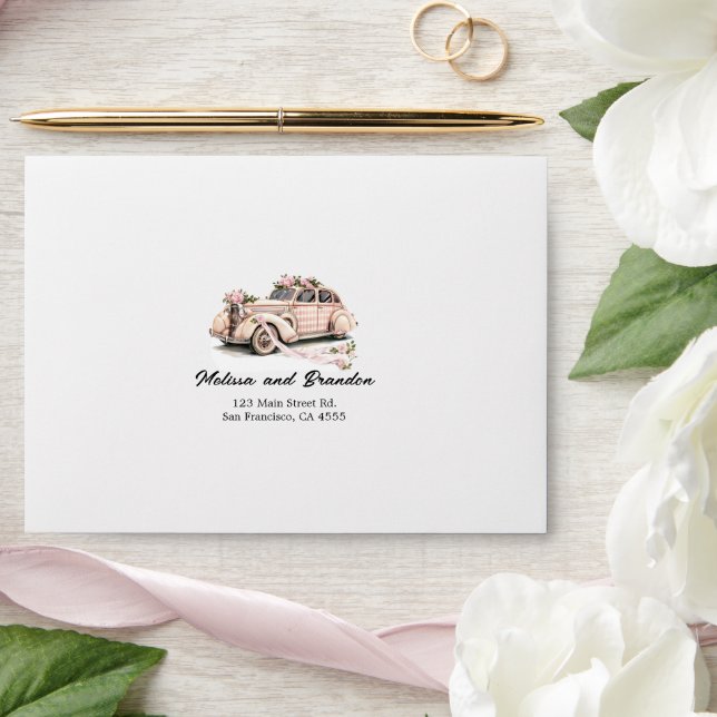 Coquette Floral Blush Pink Retro Car Wedding Envelope (Wedding)