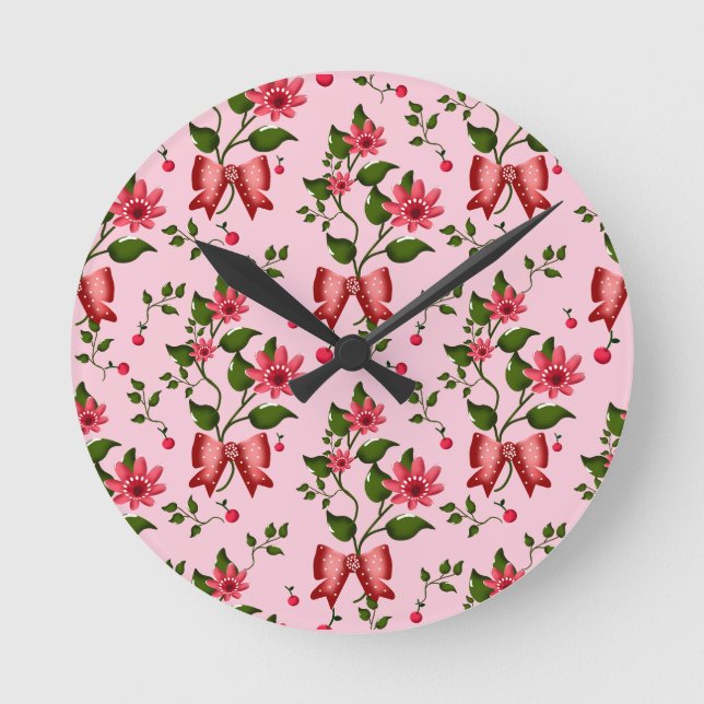  Coquette  floral Bow Pattern Wallpaper Round Clock (Front)