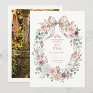 Coquette Floral Bow Quinceañera Back Photo Save The Date