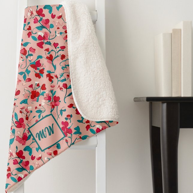 Coquette floral red pink and teal monogram sherpa blanket (Creator Uploaded)