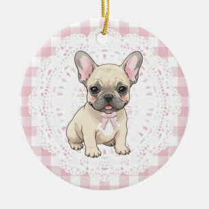 Coquette French Bulldog Dog Art Pink Gingham Bows Ceramic Ornament