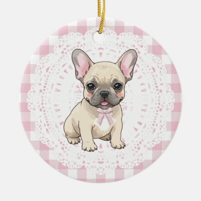 Coquette French Bulldog Dog Art Pink Gingham Bows Ceramic Ornament (Front)