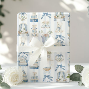 Coquette French Nursery Carriage Baby Shower Blue Wrapping Paper