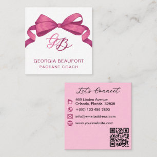 Coquette Fuchsia Bow Monogram Beauty QR Code Square Business Card