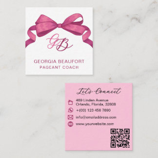 Coquette Fuchsia Bow Monogram Beauty QR Code Square Business Card