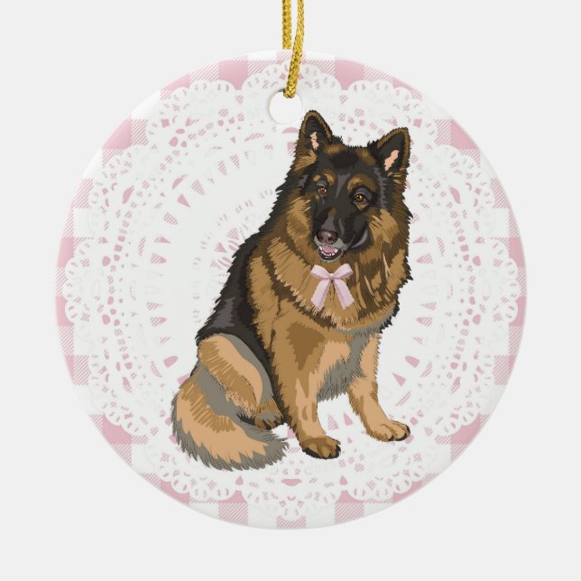 Coquette German Shepherd Dog Pink Gingham Bows Ceramic Ornament (Front)