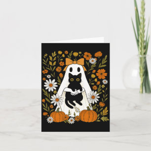 Coquette Ghost Holding Black Cat Autumn Pumpkin Card