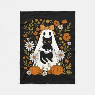 Coquette Ghost Holding Black Cat Autumn Pumpkin Fleece Blanket