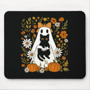 Coquette Ghost Holding Black Cat Autumn Pumpkin Mouse Pad