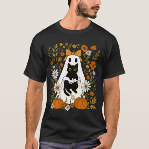 Coquette Ghost Holding Black Cat Autumn Pumpkin T-Shirt