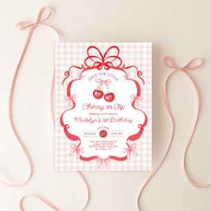 Coquette Gingham Cherry First 1st Birthday Party Invitation
