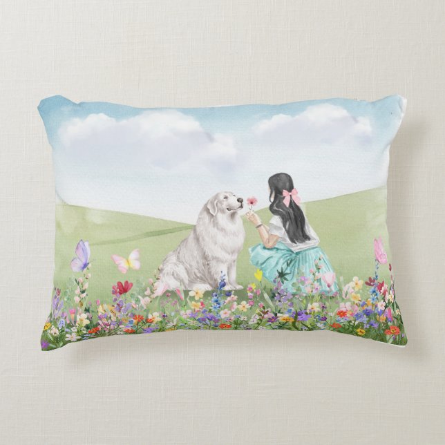 Coquette Girl and Dog Spring Meadow Accent Pillow (Front)