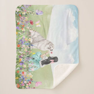 Coquette Girl and Dog Spring Meadow Sherpa Blanket