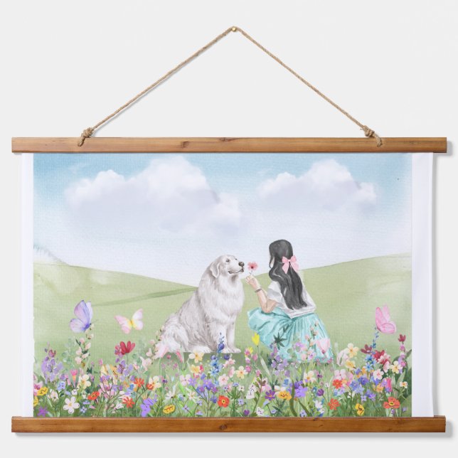 Coquette Girl and Dog Spring Meadow Tapestry (Front)