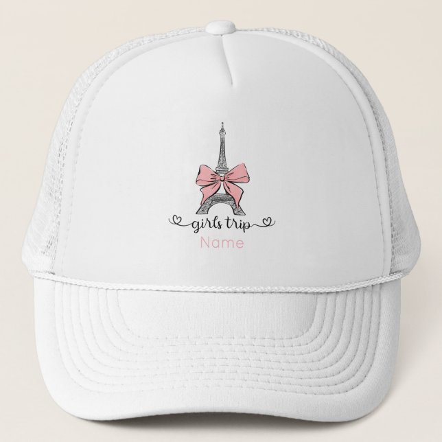 Coquette Girl Trip  Eiffel Tower & Pink Bow Custom Trucker Hat (Front)