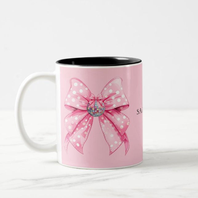 Coquette Girly Feminine Disco Ball Pink Bow Two-Tone Coffee Mug (Left)