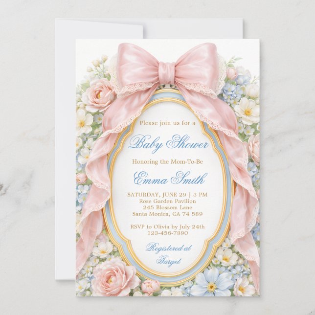 Coquette Girly Pink Bow Floral Baby Shower Invitation (Front)