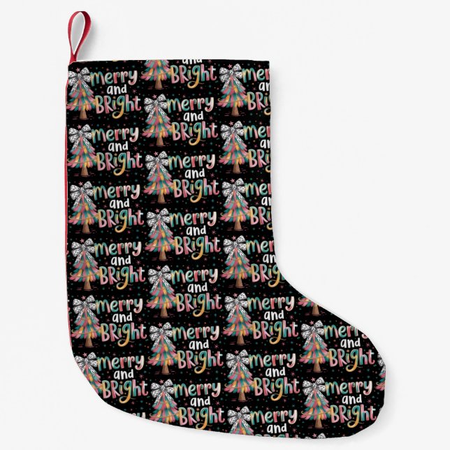 Coquette Glitter Christmas Tree Merry and Bright  Small Christmas Stocking (Front)