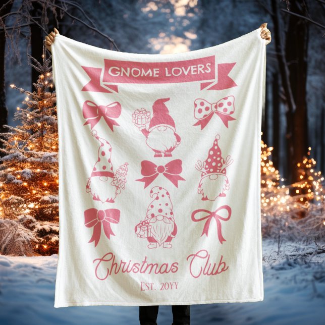 Coquette Gnome Lovers Christmas Club -Pink | White Fleece Blanket (Coquette Gnome Lovers Christmas Club Pink and White Fleece Blanket)