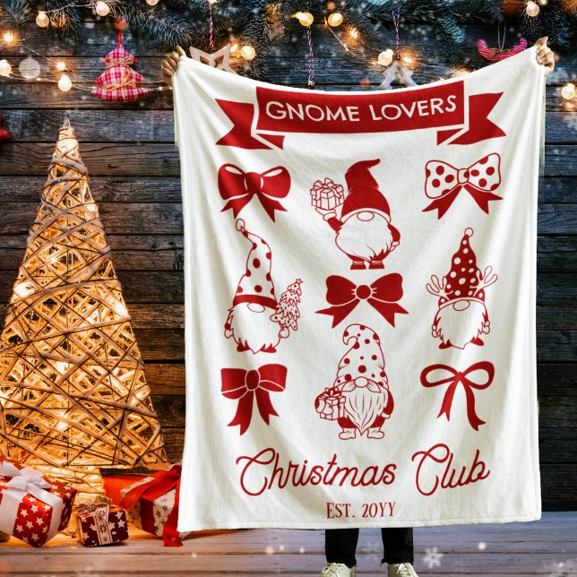 Coquette Gnome Lovers Christmas Club - Red | White Fleece Blanket (Coquette Gnome Lovers Christmas Club Red White Fleece Blanket)
